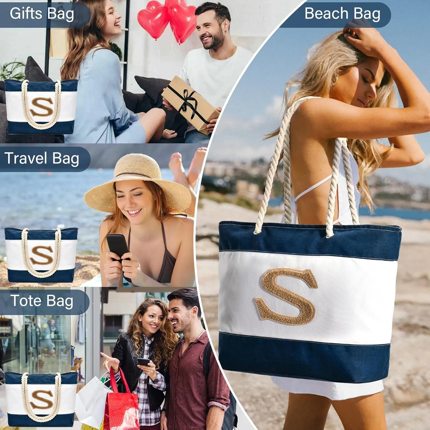 Becokan Initial Beach Bag Waterproof Canvas Beach Tote Bag Zipper Personalized Gifts for Women Her Birthday Travel Essentials