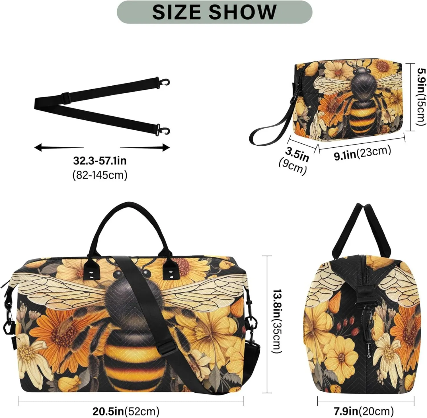 Bee Flowers Floral Duffel Bags Travel Toiletry Pouches Set of 2, Art Gym Duffle Bag Traveling Bags