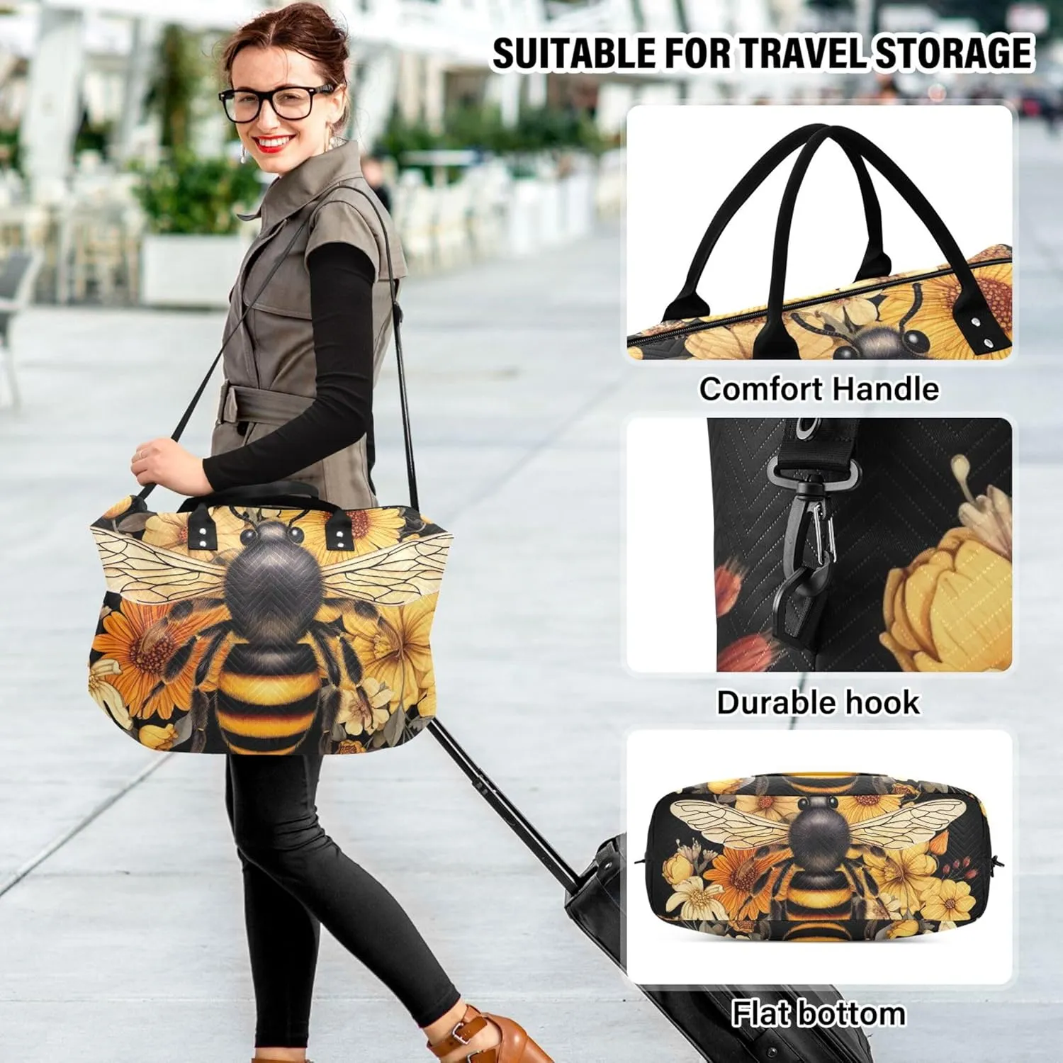 Bee Flowers Floral Duffel Bags Travel Toiletry Pouches Set of 2, Art Gym Duffle Bag Traveling Bags