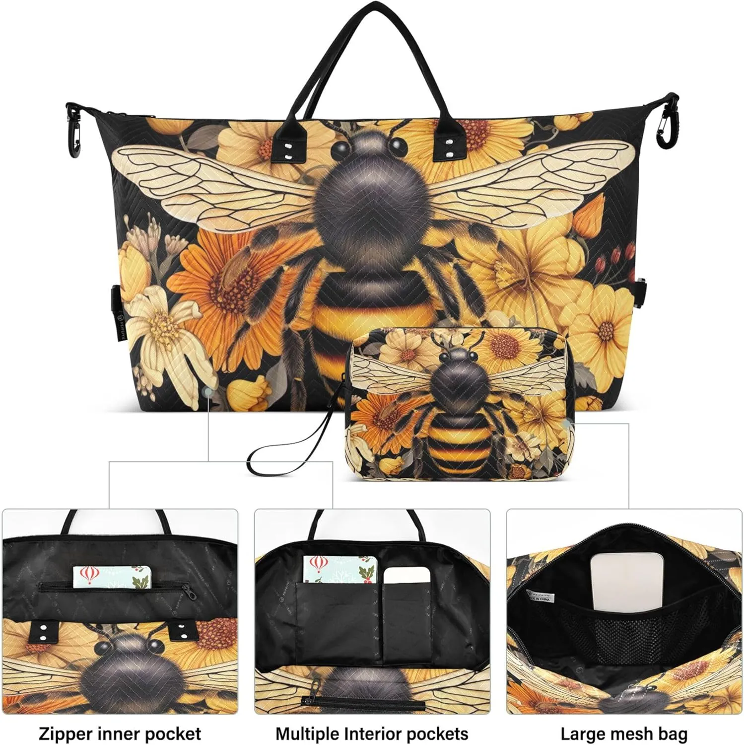 Bee Flowers Floral Duffel Bags Travel Toiletry Pouches Set of 2, Art Gym Duffle Bag Traveling Bags