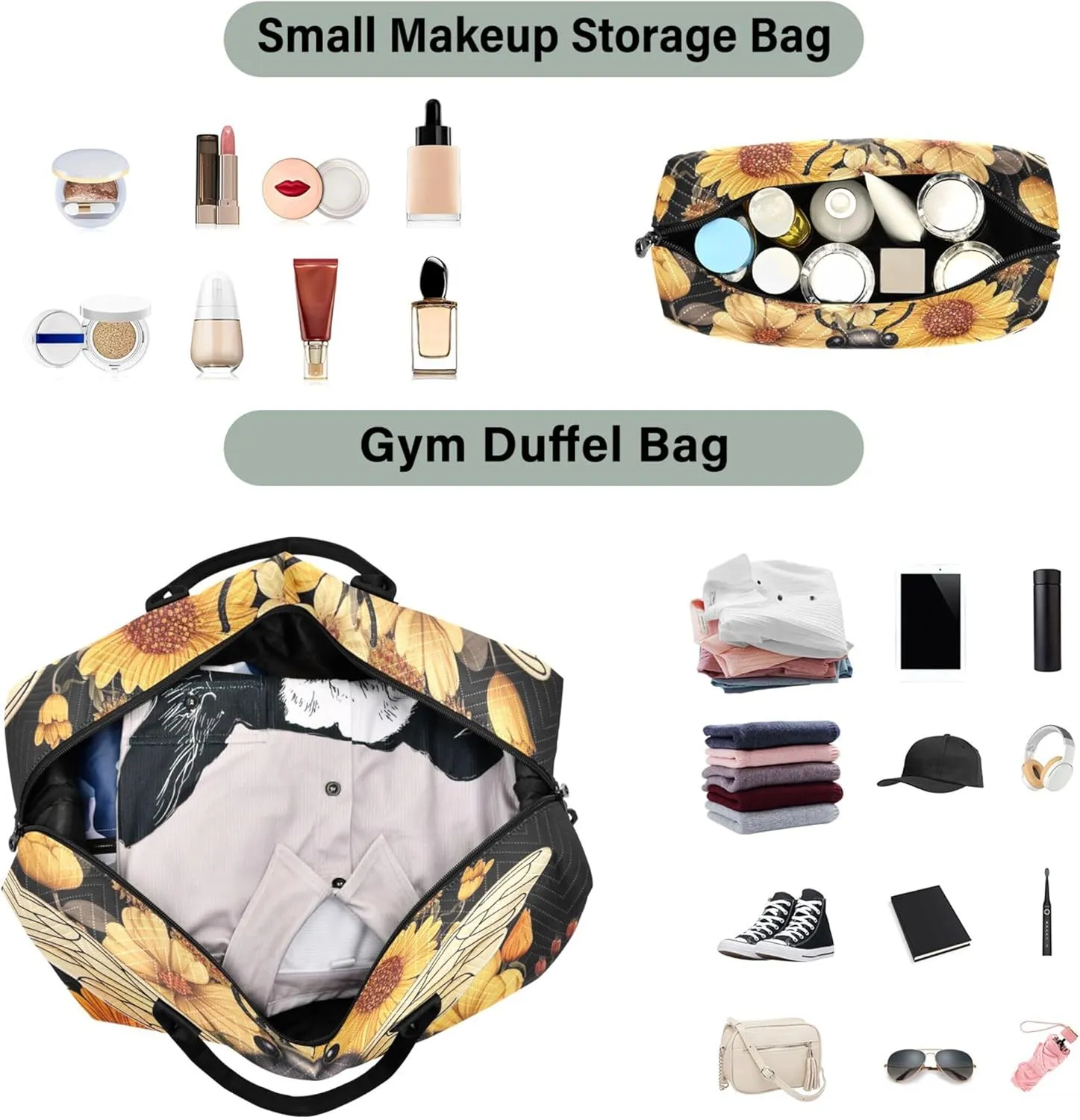 Bee Flowers Floral Duffel Bags Travel Toiletry Pouches Set of 2, Art Gym Duffle Bag Traveling Bags