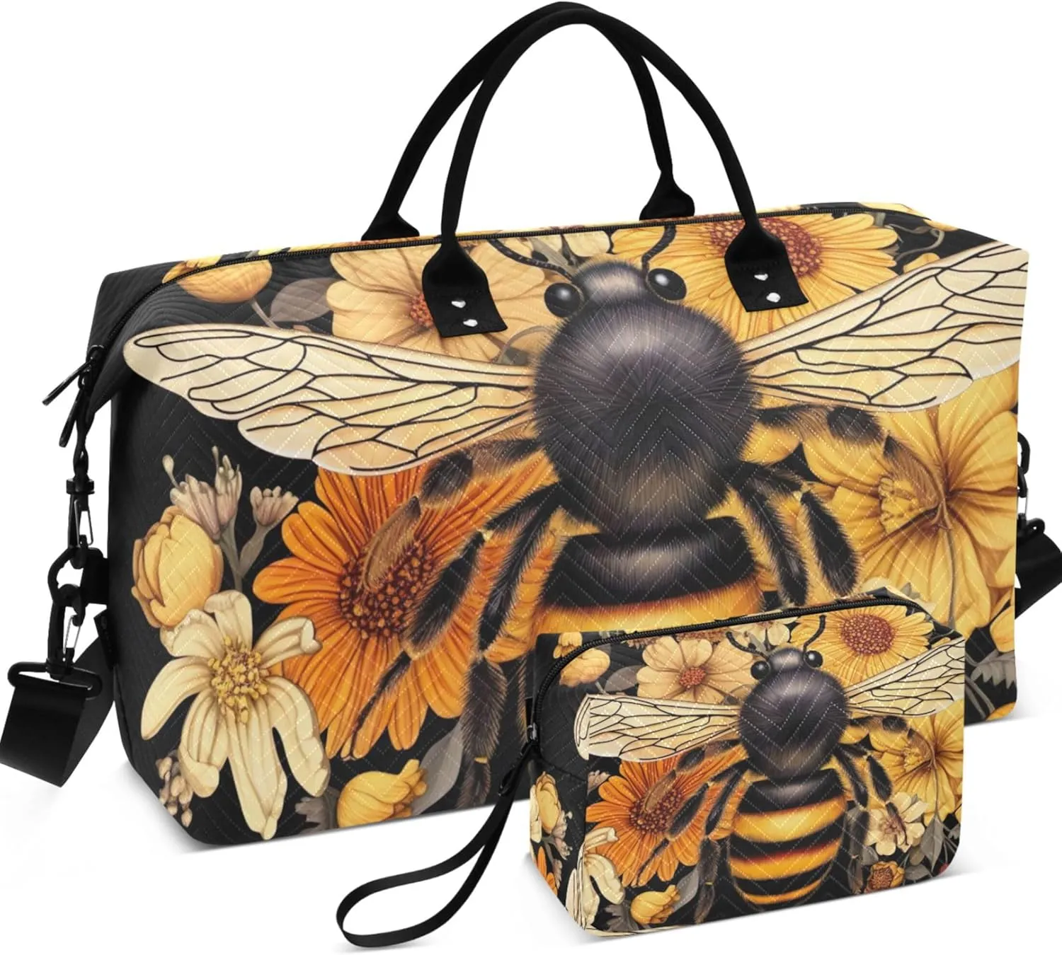 Bee Flowers Floral Duffel Bags Travel Toiletry Pouches Set of 2, Art Gym Duffle Bag Traveling Bags