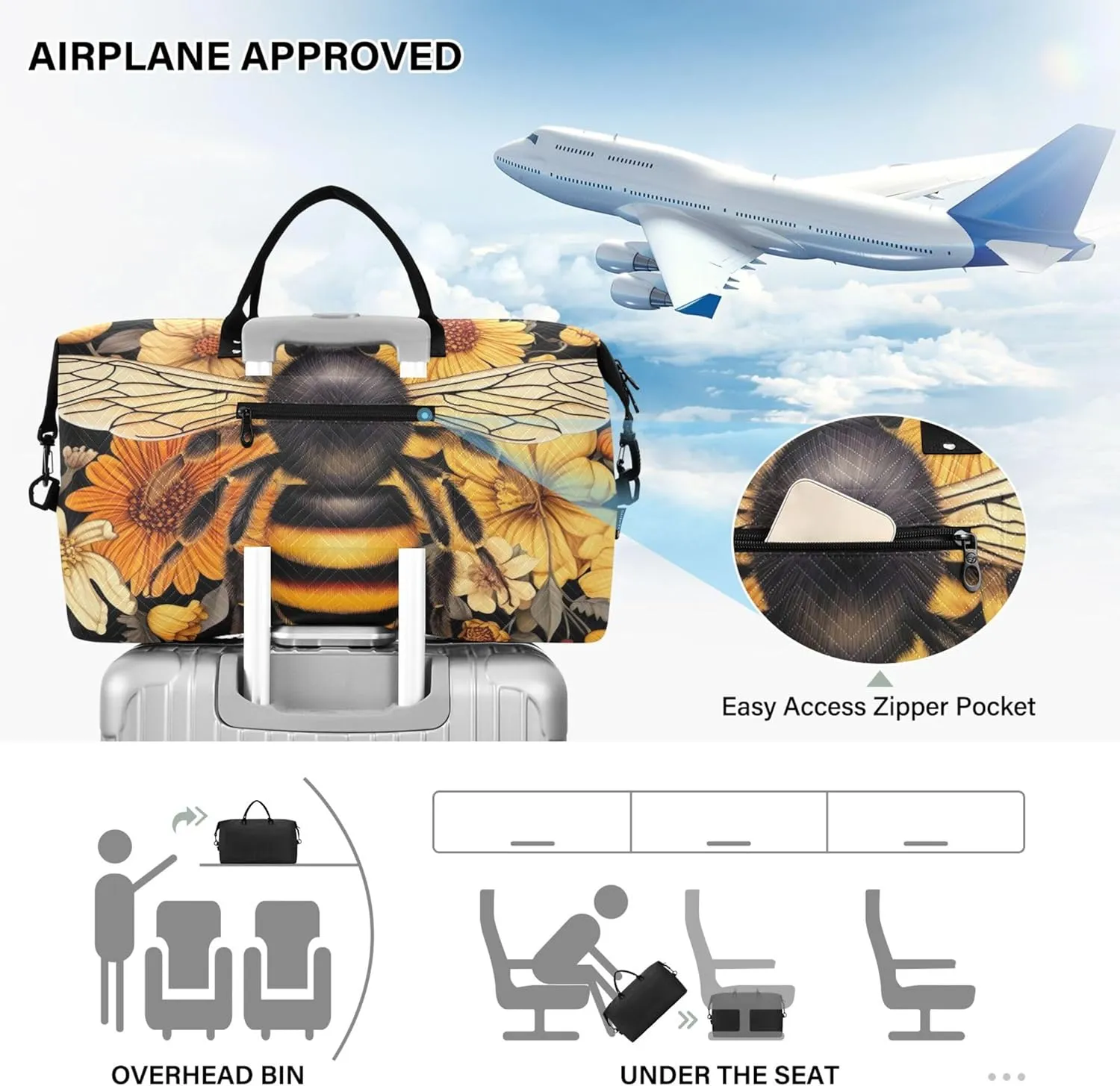Bee Flowers Floral Duffel Bags Travel Toiletry Pouches Set of 2, Art Gym Duffle Bag Traveling Bags