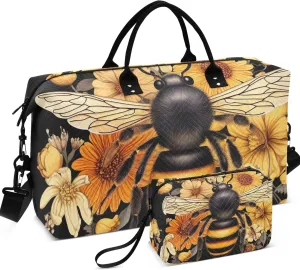 Bee Flowers Floral Duffel Bags Travel Toiletry Pouches Set of 2, Art Gym Duffle Bag Traveling Bags