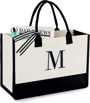 BeeGreen Birthday Gifts For Women 13oz Canvas Tote Bag with Pocket Initial Gifts For Sister Mom Friends Teacher