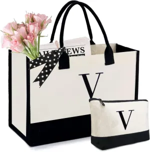 BeeGreen Initial Canvas/Jute Tote Bag Personalized Bag for Wedding, Birthday, Beach, Gift for Women, Mom, Teacher,Friend