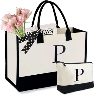 BeeGreen Initial Canvas/Jute Tote Bag Personalized Bag for Wedding, Birthday, Beach, Gift for Women, Mom, Teacher,Friend