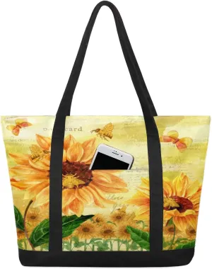 Bees Gather Honey Tote Bag for Women Work Canvas Travel Tote Bags with Zipper Large Capacity Casual Handbag with Inner Pockets Reusable Shopping Shoulder Bag for Teacher Nurse