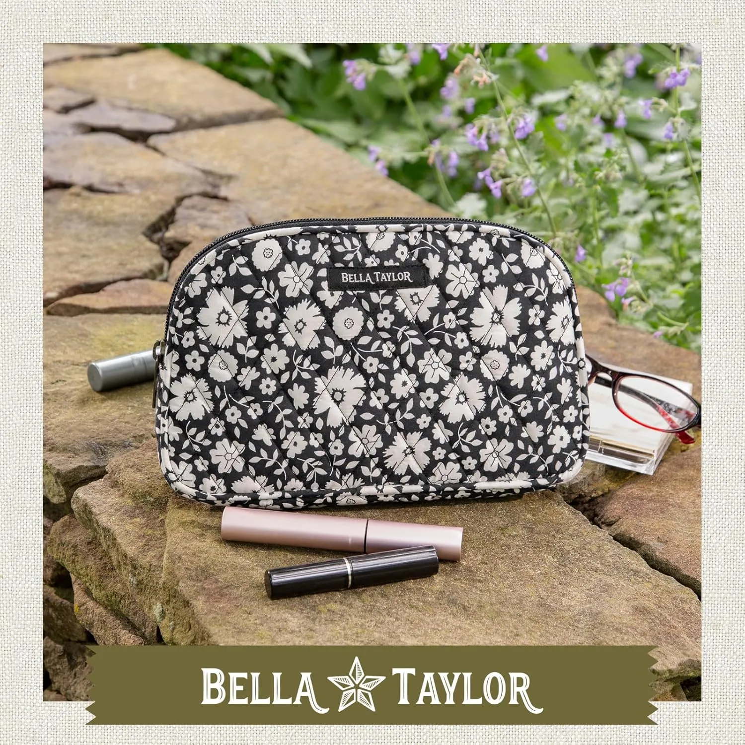 Bella Taylor Large Quilted Cotton Makeup Pouch for Women, Travel Cosmetic Bag, Quilted Cotton Bicolor Floral Black and Cream