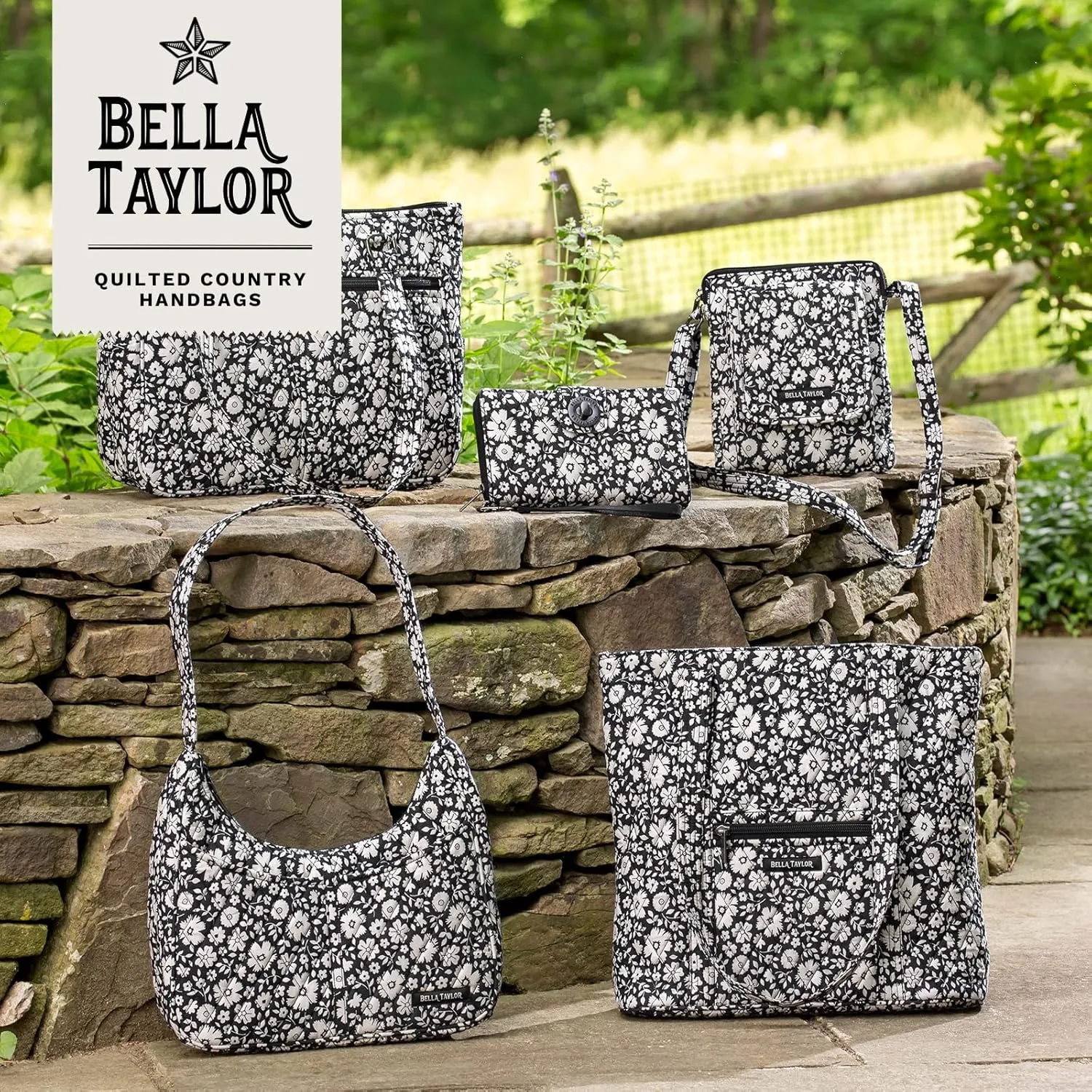 Bella Taylor Large Quilted Cotton Makeup Pouch for Women, Travel Cosmetic Bag, Quilted Cotton Bicolor Floral Black and Cream