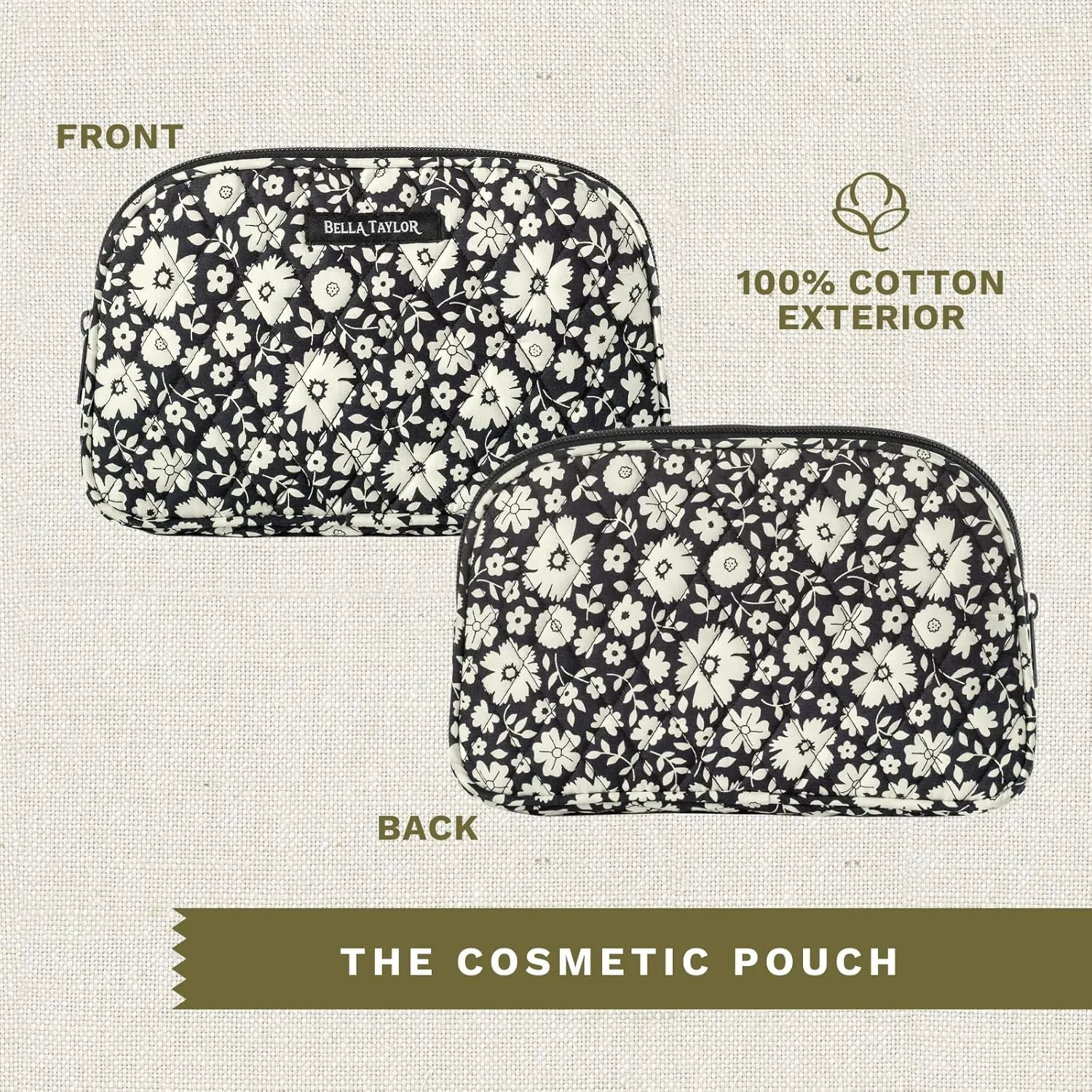 Bella Taylor Large Quilted Cotton Makeup Pouch for Women, Travel Cosmetic Bag, Quilted Cotton Bicolor Floral Black and Cream