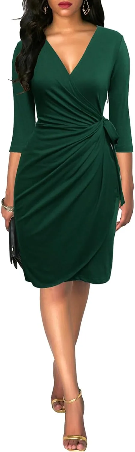Berydress Women's Classic 3/4 Sleeve V Neck Sheath Casual Party Work Faux Black Wrap Dress