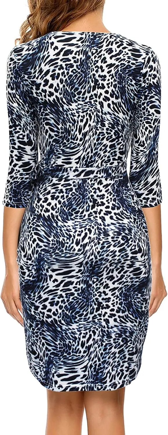 Berydress Women's Classic 3/4 Sleeve V Neck Sheath Casual Party Work Faux Black Wrap Dress