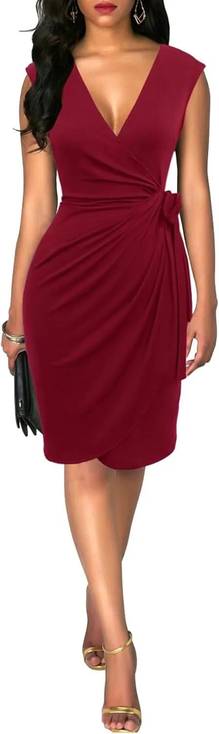Berydress Women's Vintage V-Neck Sheath Casual Party Work Faux Black Wrap Dress