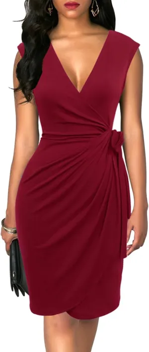 Berydress Women's Vintage V-Neck Sheath Casual Party Work Faux Black Wrap Dress