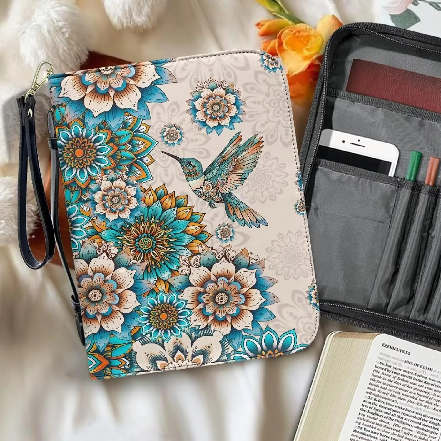 Bible Cover Case for Women Print Pattern Bible Cover Bag with Handle and Ribbon Fit for Standard & Large Size