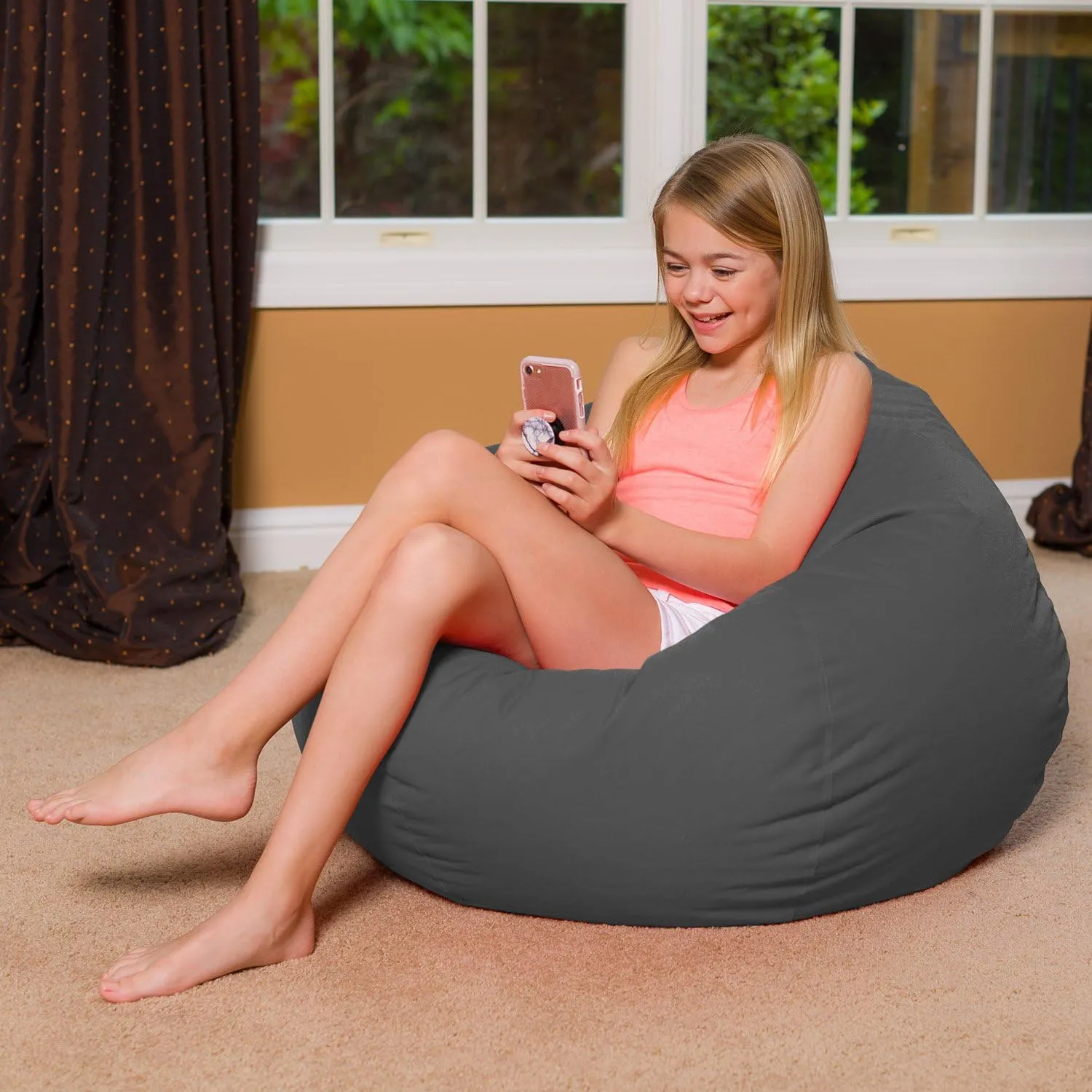 Big Comfy Bean Bag Chair: Posh Large Beanbag Chairs with Removable Cover for Kids, Teens and Adults - Polyester Cloth Puff Sack Lounger Furniture for All Ages - 27 Inch - Heather Gray