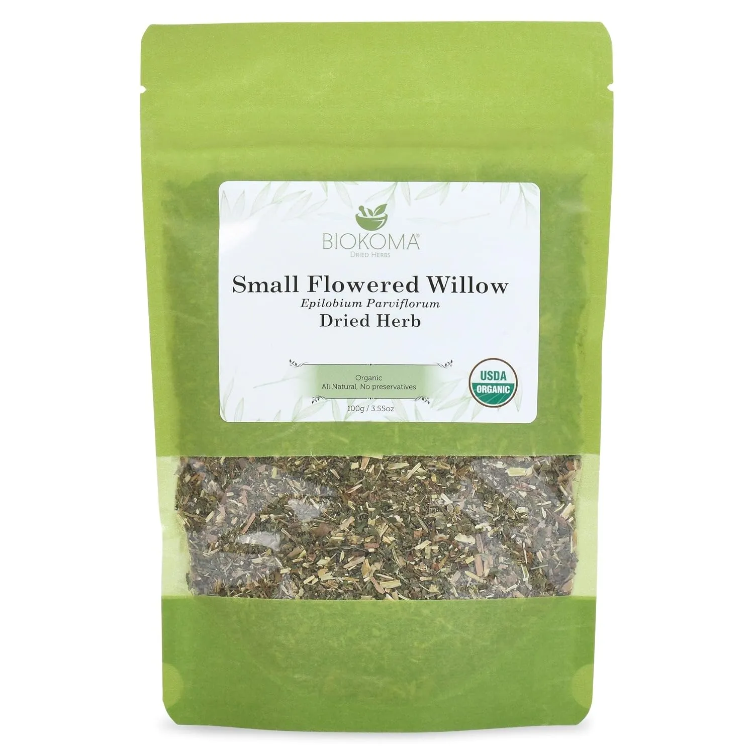 Biokoma Pure and Organic Small-Flowered Willow Epilobium Parviflorum Dried Herb 100g (3.55oz) Resealable Moisture Proof Pouch, USDA Certified Organic Herbal Tea, No Additives, No Preservatives, Kosher