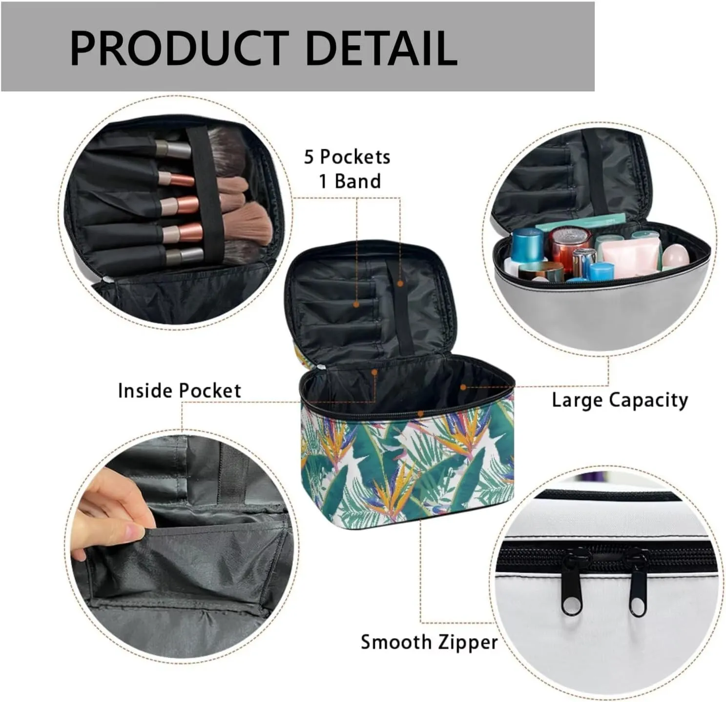 Bird Of Paradise Flowers Large Travel Makeup Bag for Women Tropical Floral Zipper Cosmetics Organizer Pouch Purse, Hawaii Style Storage Bag for Toiletries Essentials