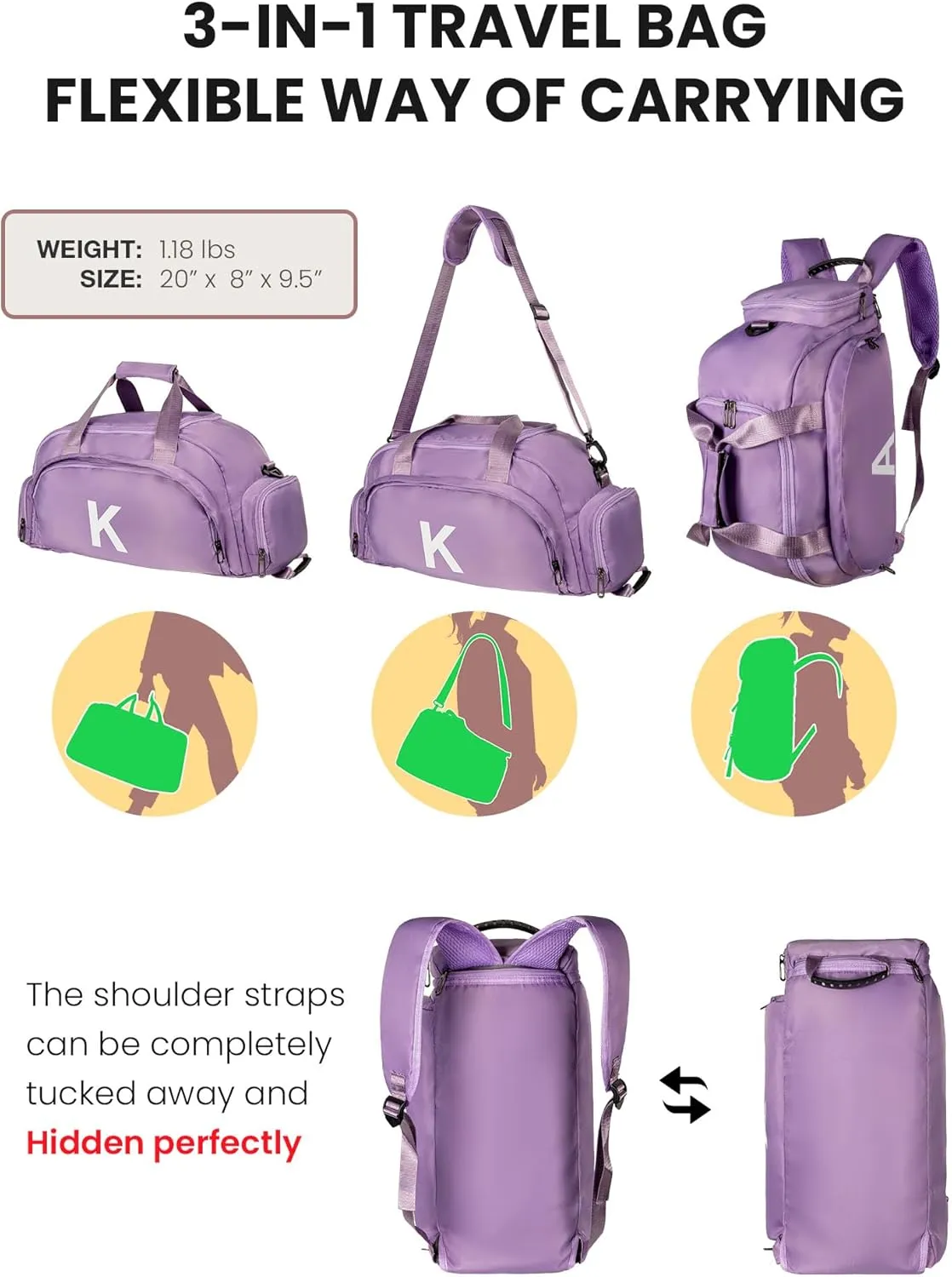Birthday Gifts for 12 13 14 15 16 17 18, Initial Gym Bags with Shoe Compartment, Personalized Girl Duffel Bag, Monogram Kid Overnight Bags, Preppy Stuff Weekend Bag (Letter K)