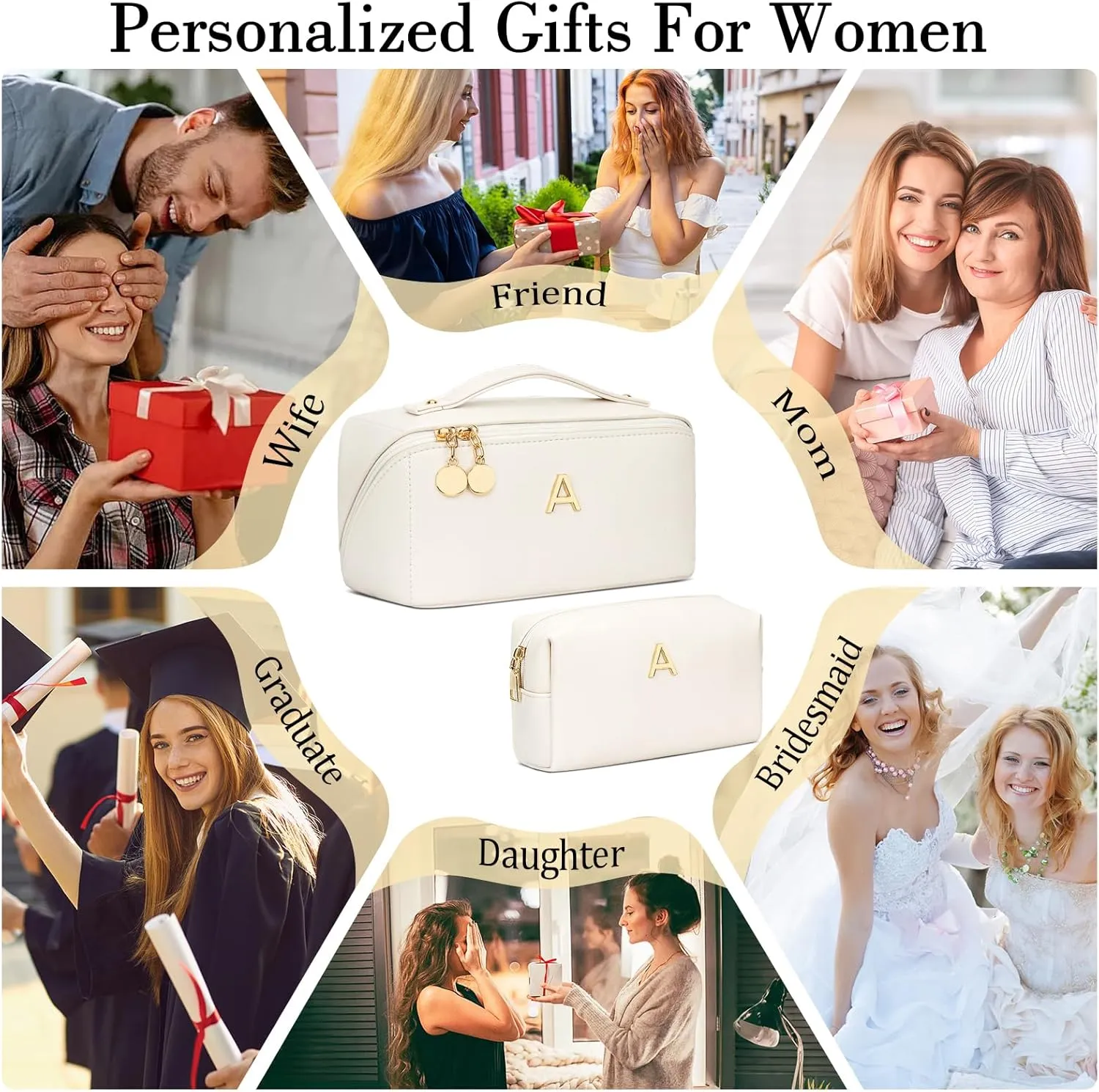 Birthday Gifts for Women Teen Girl, Personalized Initial Makeup Organizer Bag Set, Open Flat Travel Cosmetic Bag With Clear Divider and Handle(Beige,A)