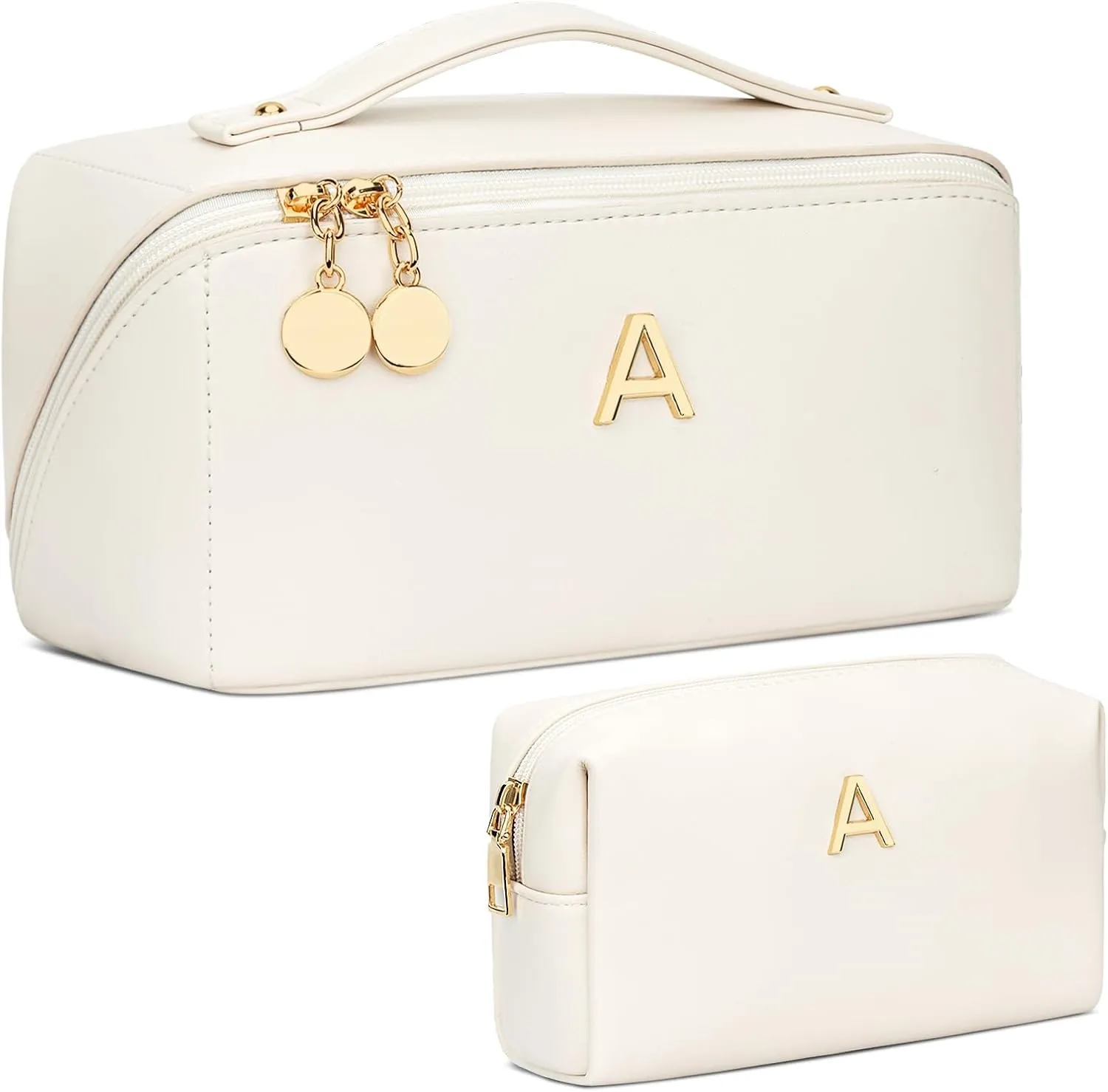 Birthday Gifts for Women Teen Girl, Personalized Initial Makeup Organizer Bag Set, Open Flat Travel Cosmetic Bag With Clear Divider and Handle(Beige,A)