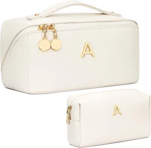 Birthday Gifts for Women Teen Girl, Personalized Initial Makeup Organizer Bag Set, Open Flat Travel Cosmetic Bag With Clear Divider and Handle(Beige,A)