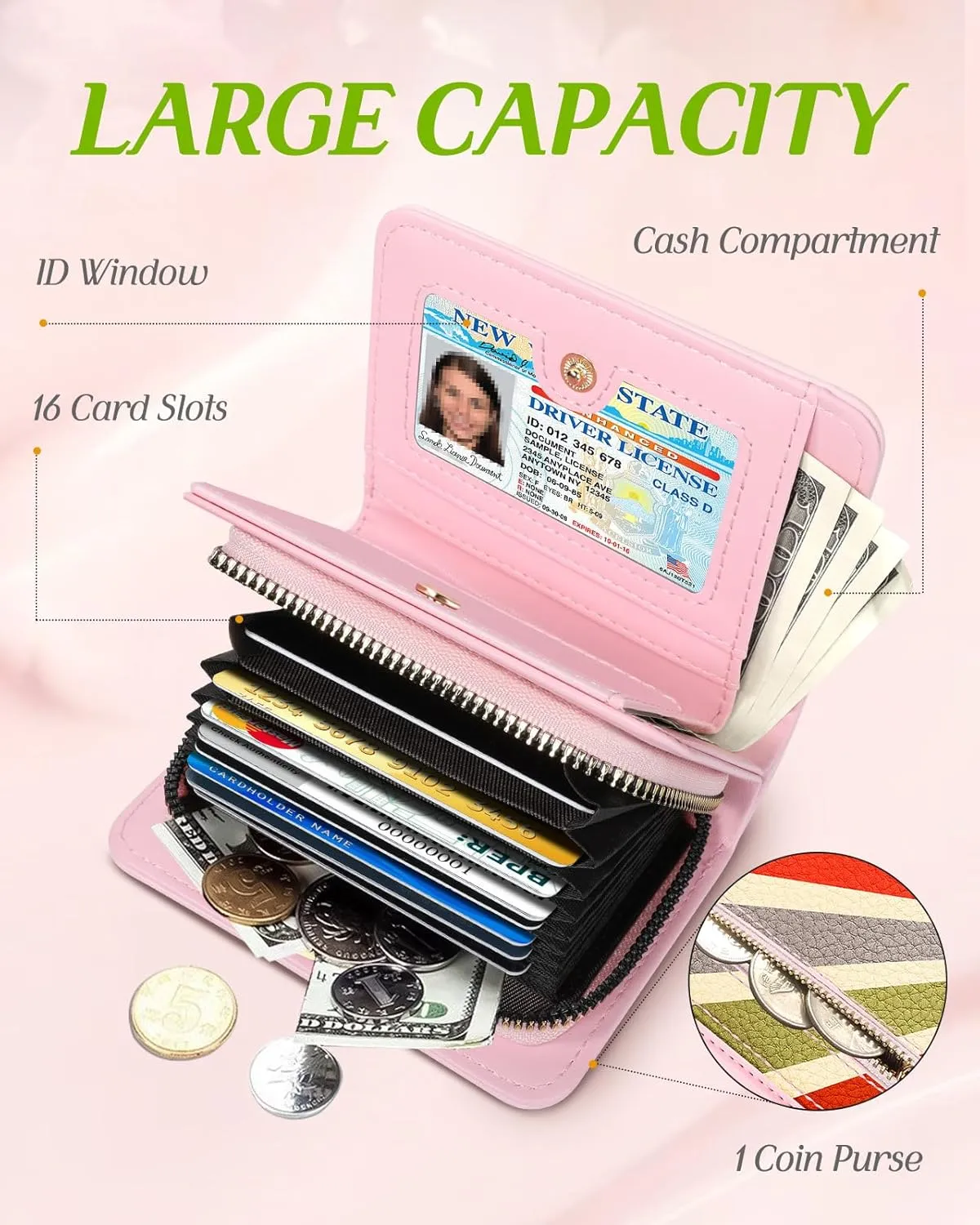 Bistup Credit Card Holder Wallet for Women Cute Leather Ladies Teen Girls Female Cardholder Wallets Accordion Purse Small Medium Aesthetic Print Sun Unique Modern Rfid Zipper Around