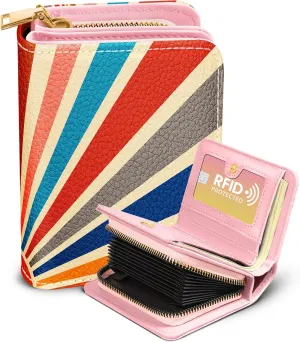 Bistup Credit Card Holder Wallet for Women Cute Leather Ladies Teen Girls Female Cardholder Wallets Accordion Purse Small Medium Aesthetic Print Sun Unique Modern Rfid Zipper Around