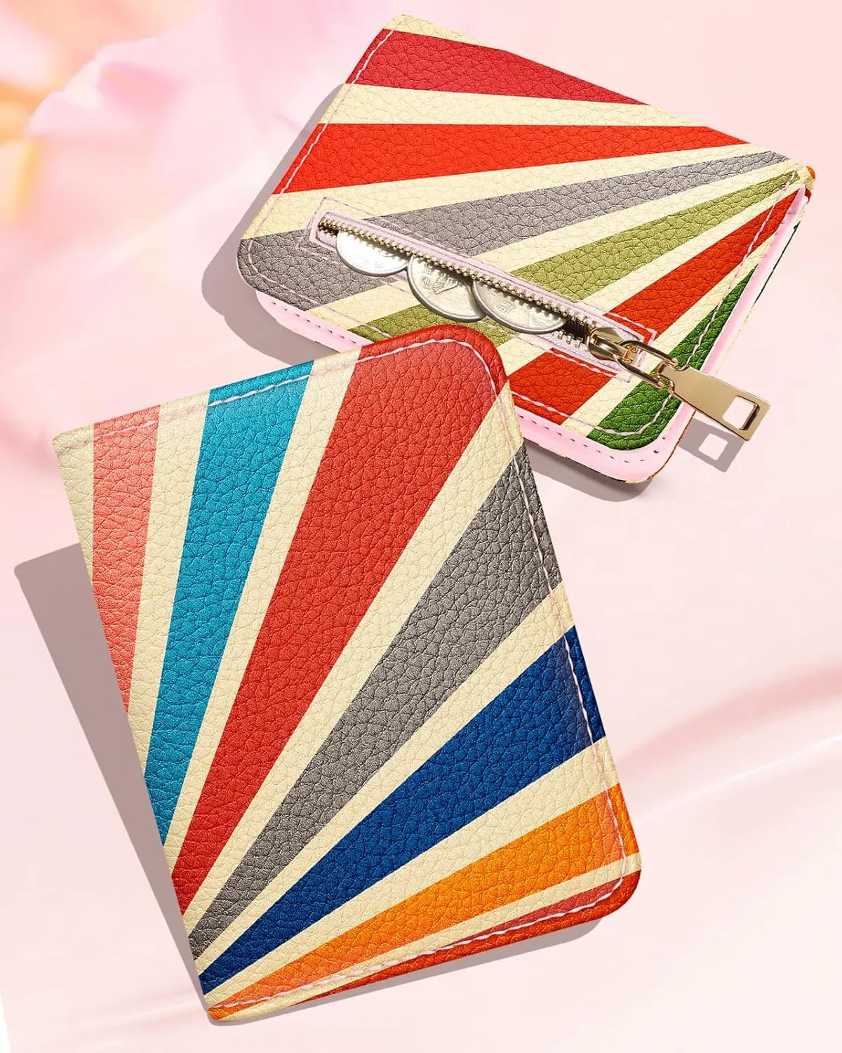 Bistup Credit Card Holder Wallet for Women Cute Leather Ladies Teen Girls Female Cardholder Wallets Accordion Purse Small Medium Aesthetic Print Sun Unique Modern Rfid Zipper Around