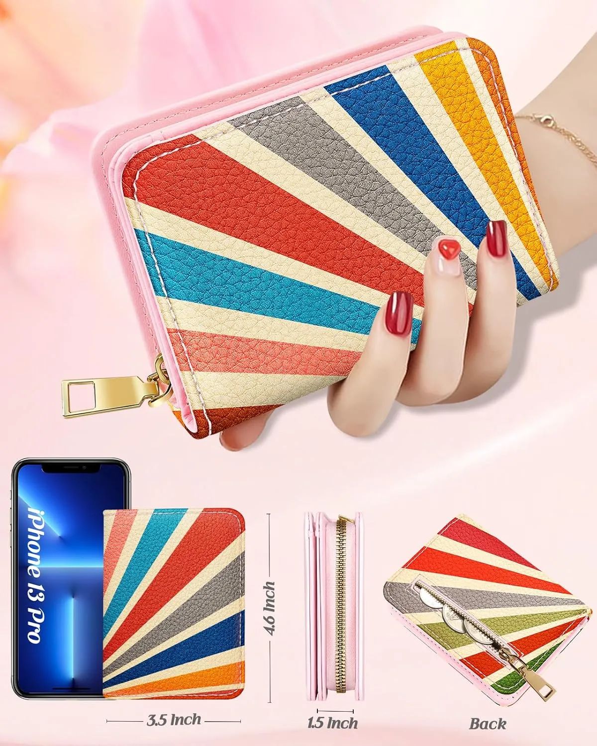 Bistup Credit Card Holder Wallet for Women Cute Leather Ladies Teen Girls Female Cardholder Wallets Accordion Purse Small Medium Aesthetic Print Sun Unique Modern Rfid Zipper Around