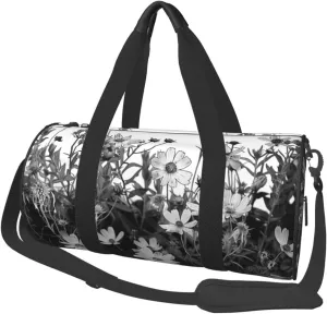 Black and White Flowers Printed Sports Gym Bag for Men Women Foldable Duffel Bag Carry On Weekender Bag for Travel Sports