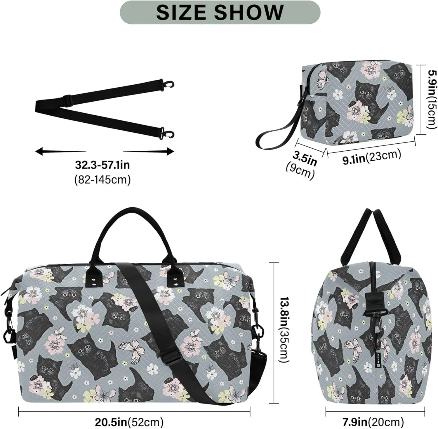 Black Kitten Flowers Butterflies Duffel Bags Travel Makeup Bag Set, Print Women Sports Dance Bag Duffle Carry on Bag
