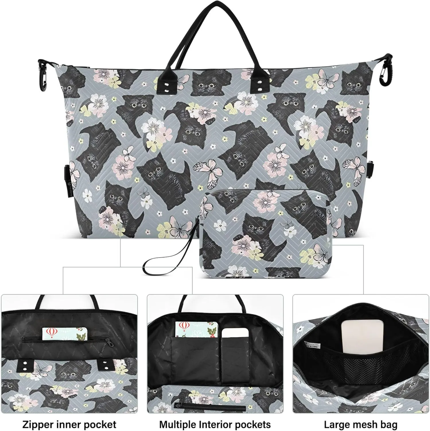 Black Kitten Flowers Butterflies Duffel Bags Travel Makeup Bag Set, Print Women Sports Dance Bag Duffle Carry on Bag