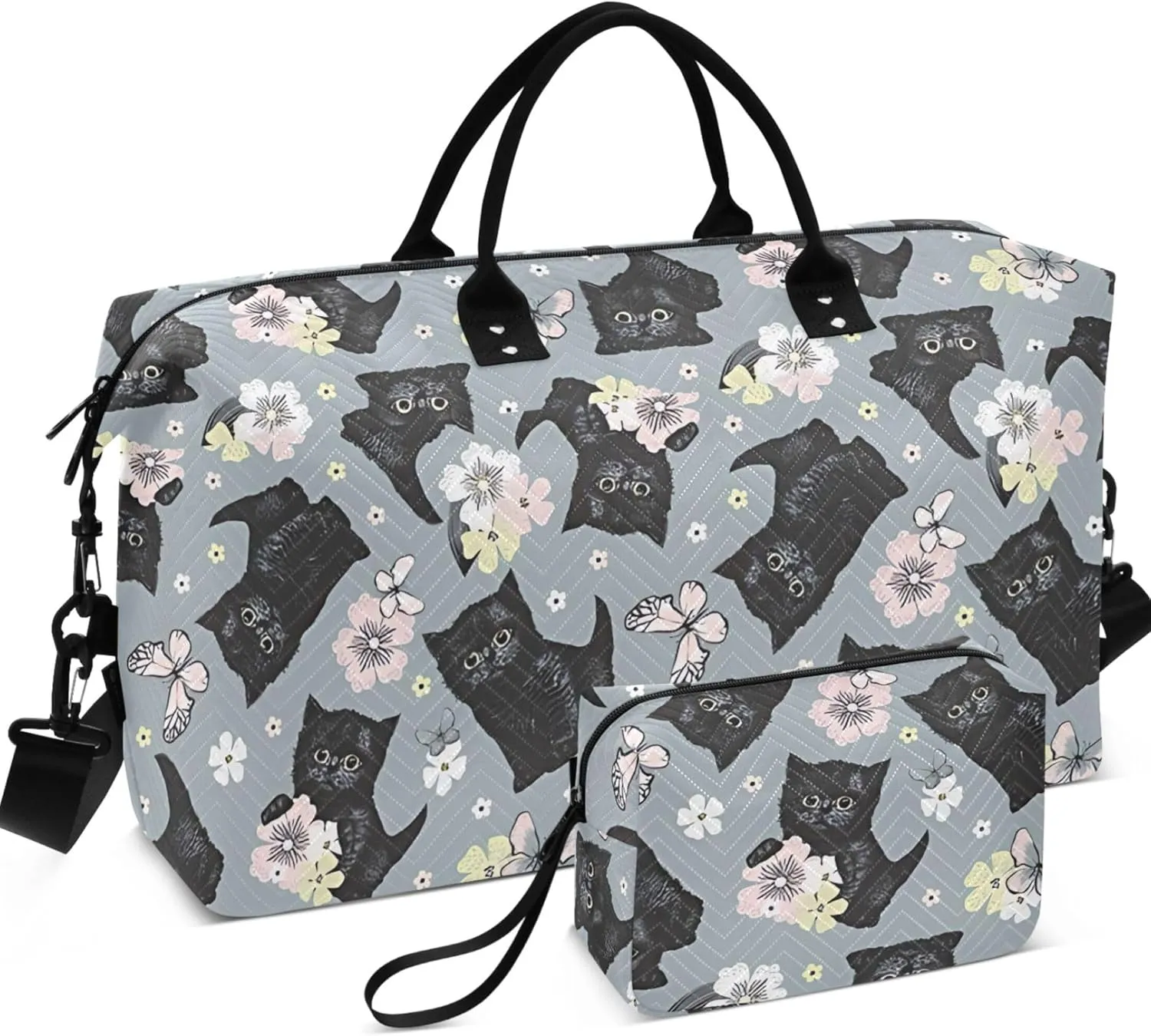 Black Kitten Flowers Butterflies Duffel Bags Travel Makeup Bag Set, Print Women Sports Dance Bag Duffle Carry on Bag