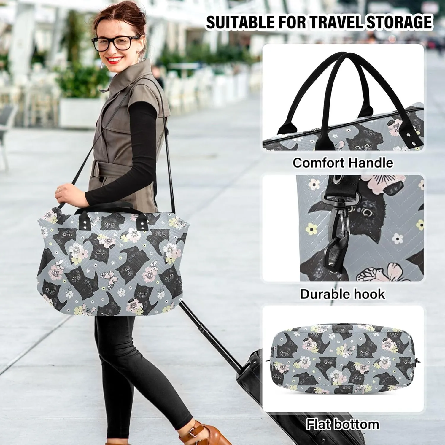 Black Kitten Flowers Butterflies Duffel Bags Travel Makeup Bag Set, Print Women Sports Dance Bag Duffle Carry on Bag
