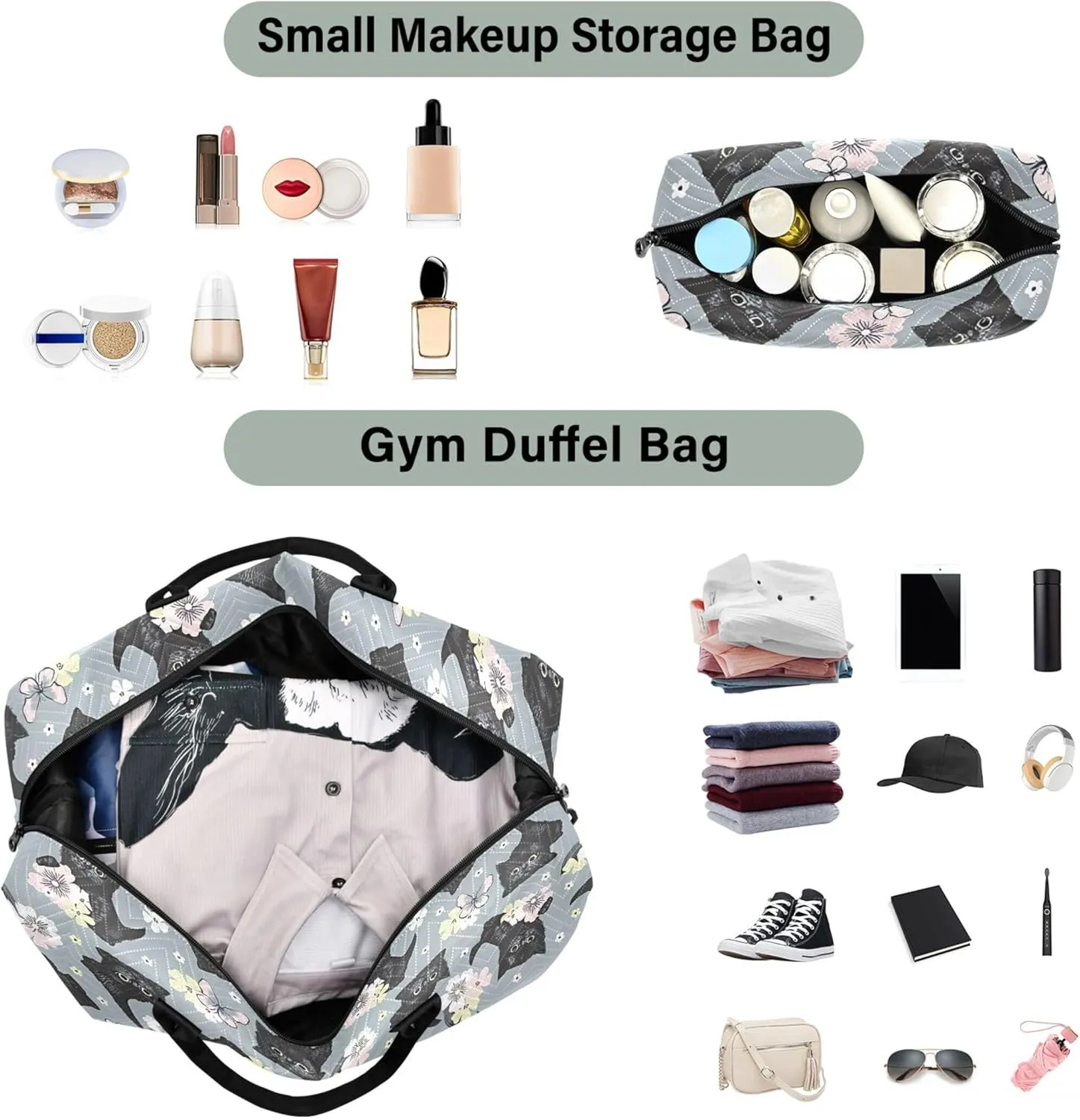 Black Kitten Flowers Butterflies Duffel Bags Travel Makeup Bag Set, Print Women Sports Dance Bag Duffle Carry on Bag