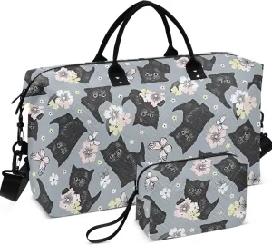 Black Kitten Flowers Butterflies Duffel Bags Travel Makeup Bag Set, Print Women Sports Dance Bag Duffle Carry on Bag