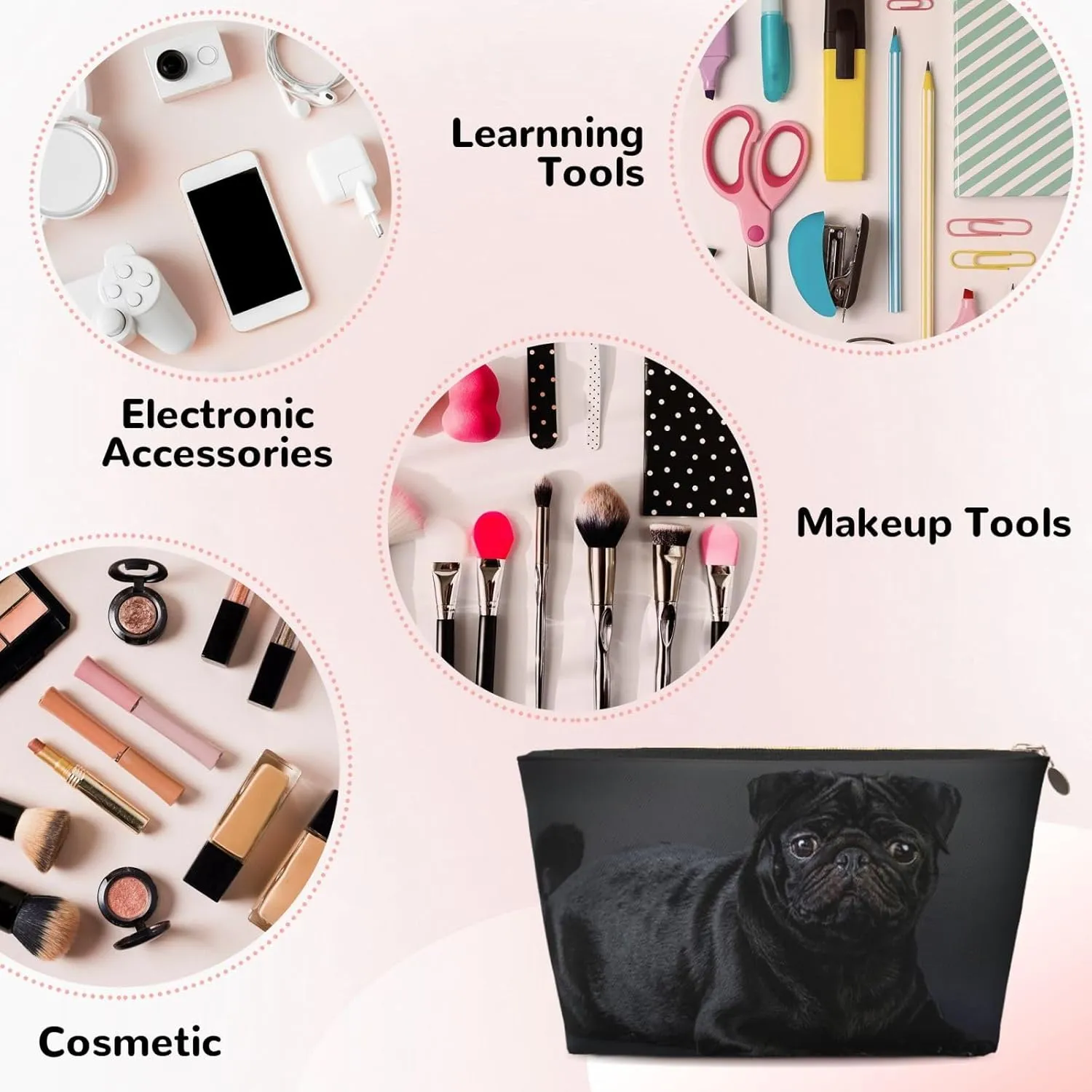 Black pug Cosmetic Bag Travel Makeup Bag Organizer Toiletry Bag with Zipper Storage Pouch Coin Purse Brushes for Women Girls Gifts