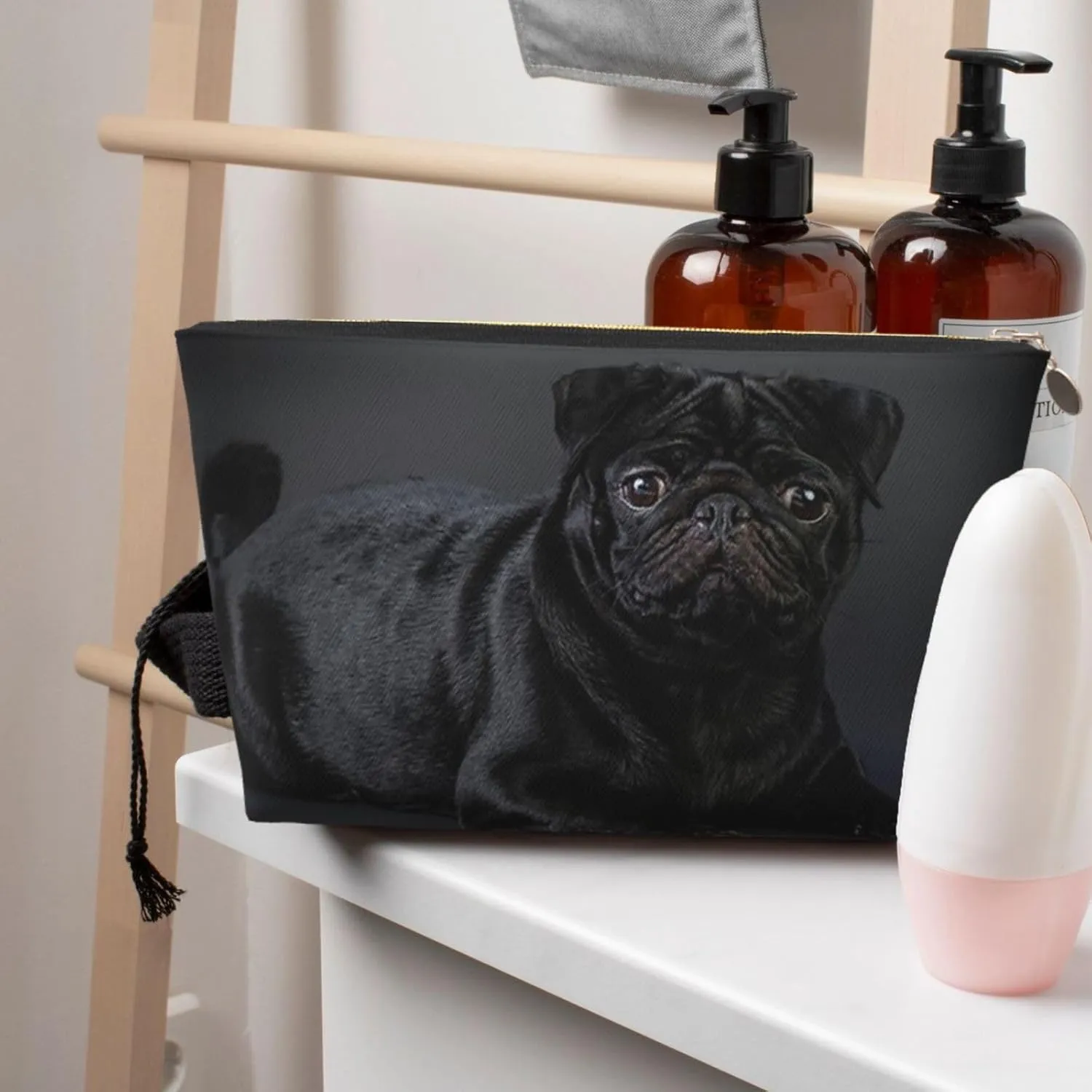 Black pug Cosmetic Bag Travel Makeup Bag Organizer Toiletry Bag with Zipper Storage Pouch Coin Purse Brushes for Women Girls Gifts