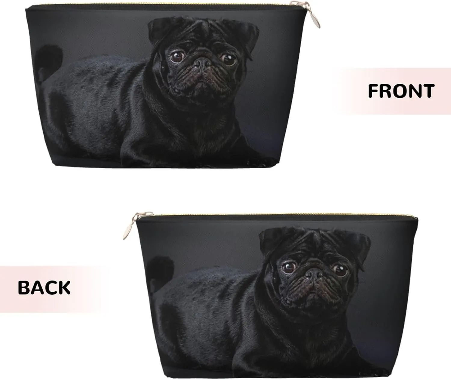 Black pug Cosmetic Bag Travel Makeup Bag Organizer Toiletry Bag with Zipper Storage Pouch Coin Purse Brushes for Women Girls Gifts
