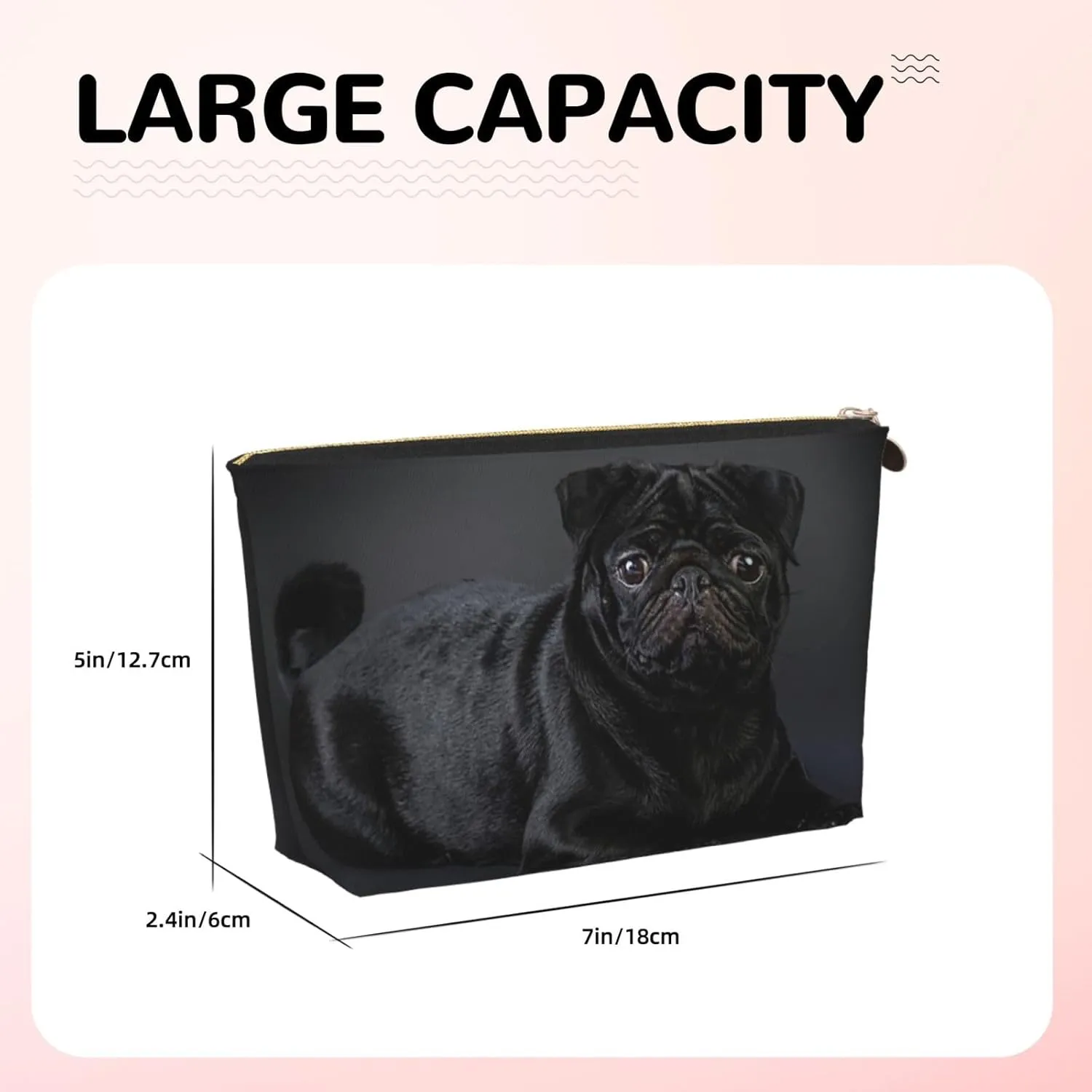Black pug Cosmetic Bag Travel Makeup Bag Organizer Toiletry Bag with Zipper Storage Pouch Coin Purse Brushes for Women Girls Gifts