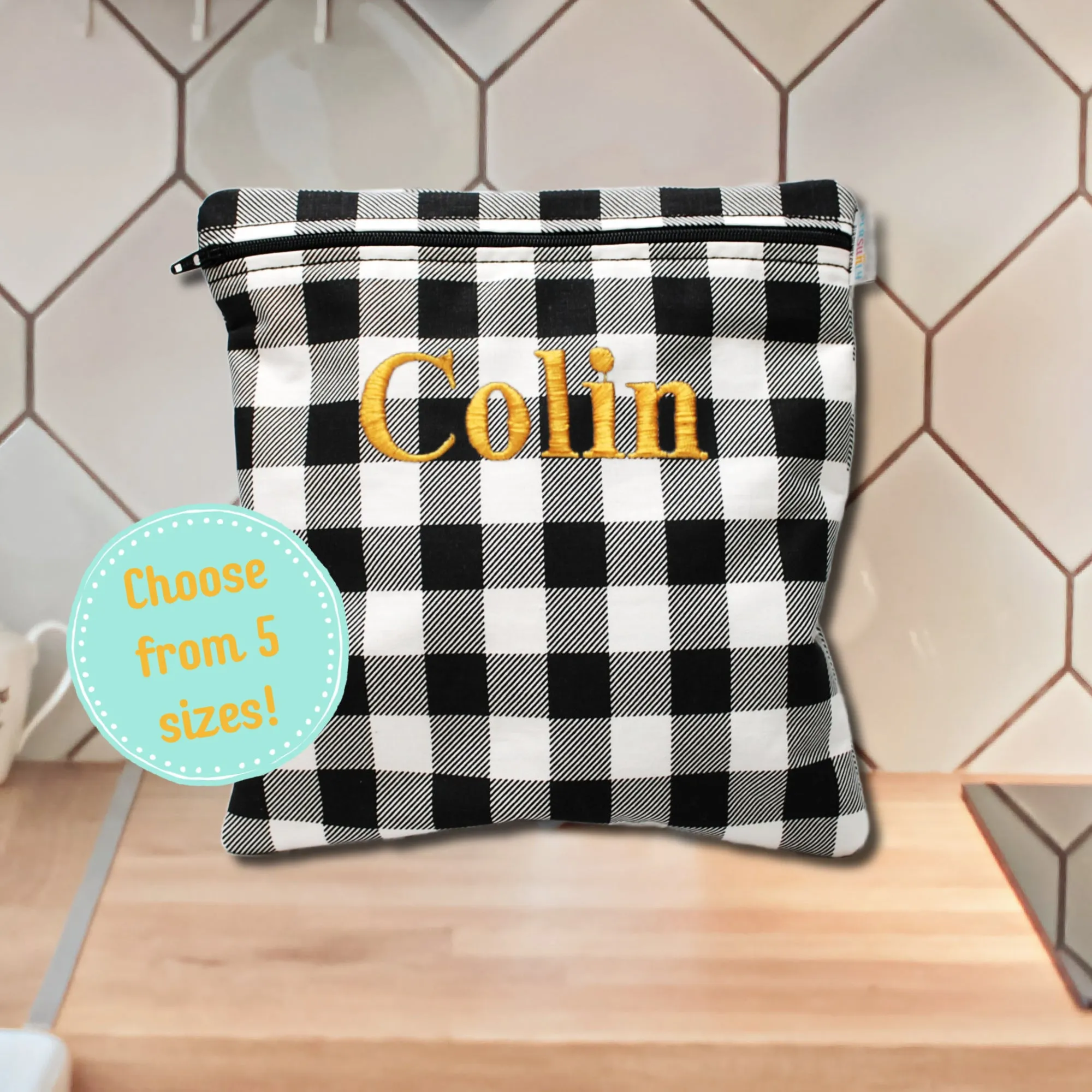 Black White Checked Personalized Reusable Bag