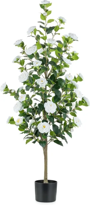 BLOSMON Artificial Tree Plants Outdoor: 4.9ft Tall Fake Camellia Flower Trees for Home Front Porch Decor - Faux White Rose Plants with Pot for Patio Yard Indoor Living Room