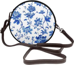 Blue And White Porcelain Pattern Women Round Crossbody Bags Leather Sling Bag Purse