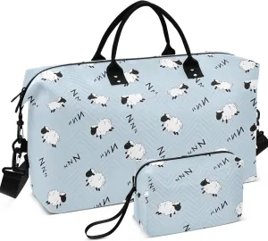 Blue Sleepy Sheep Cute Duffle Bag Women Travel Makeup Pouch Set, Animal Floral Women Luggage Set Overnight Bag