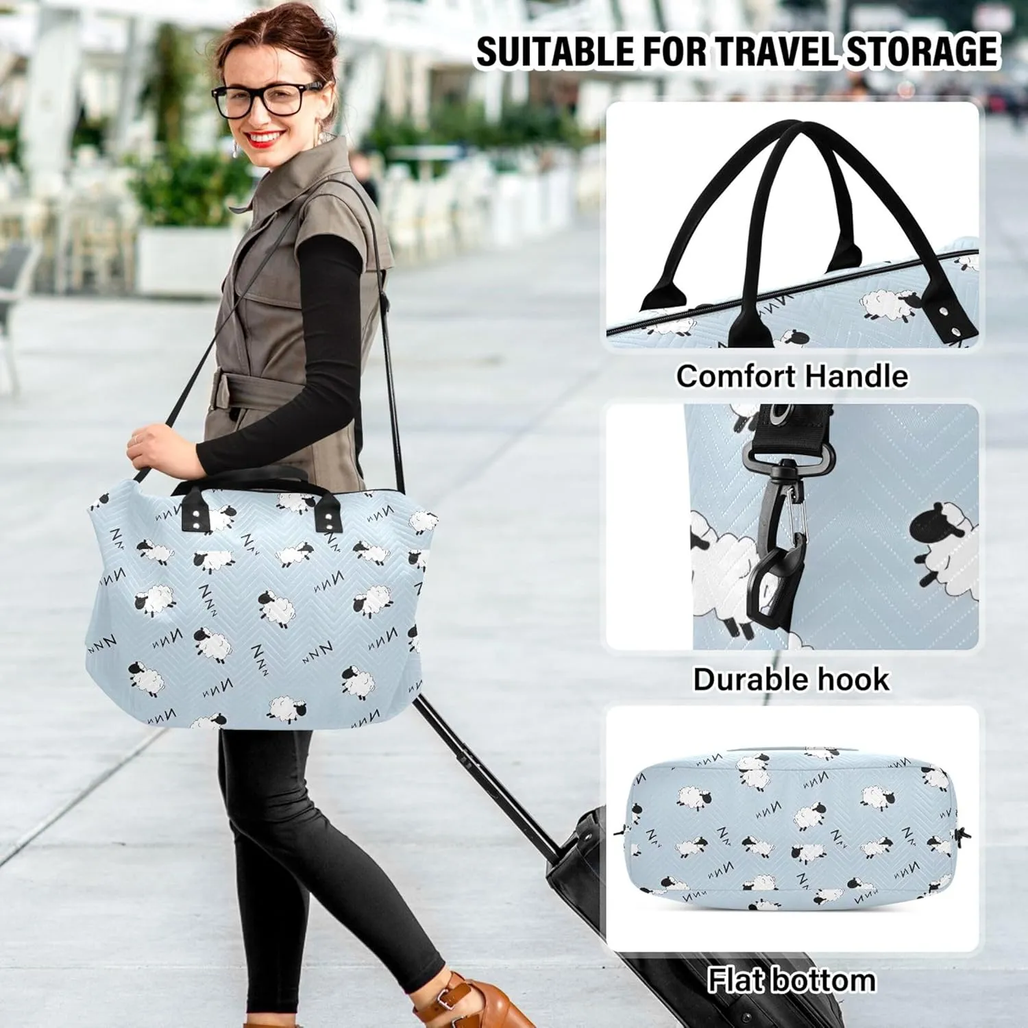 Blue Sleepy Sheep Cute Duffle Bag Women Travel Makeup Pouch Set, Animal Floral Women Luggage Set Overnight Bag