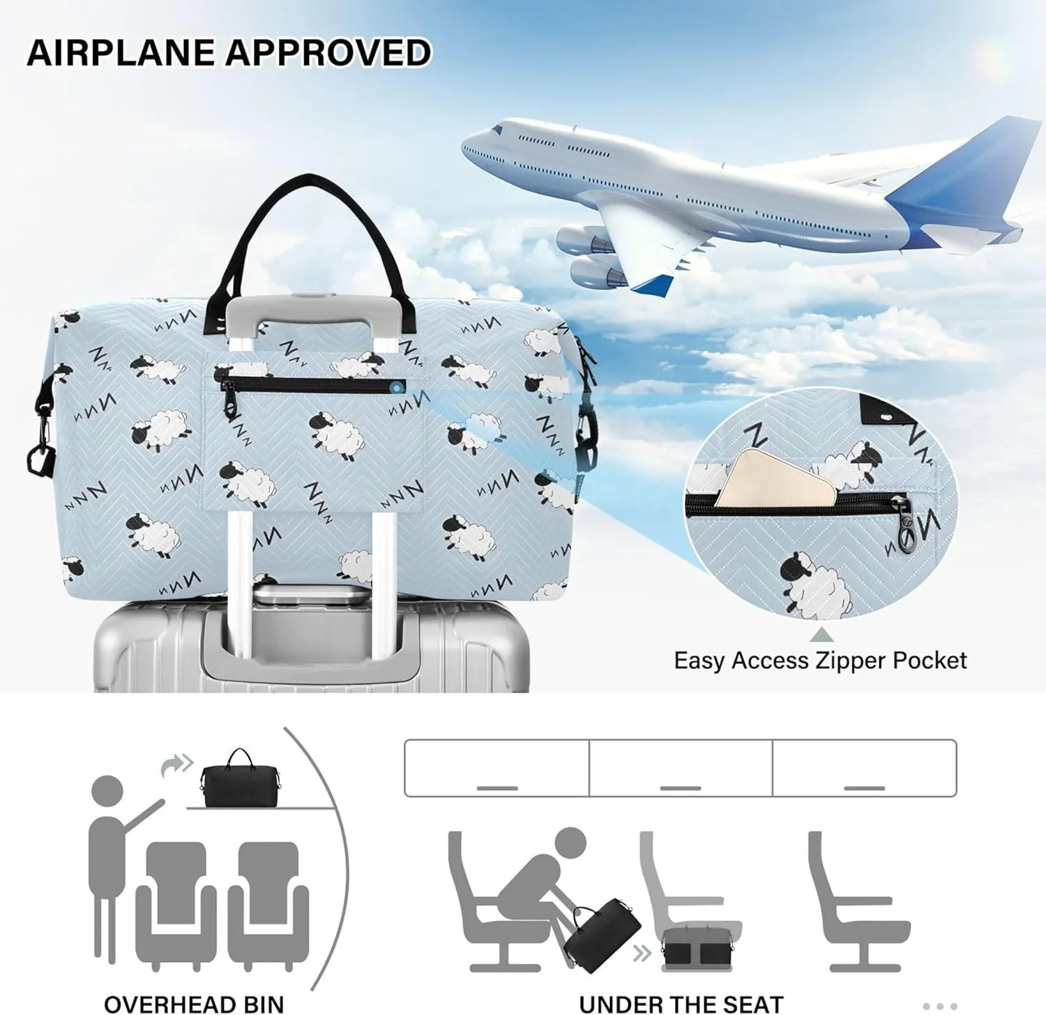 Blue Sleepy Sheep Cute Duffle Bag Women Travel Makeup Pouch Set, Animal Floral Women Luggage Set Overnight Bag