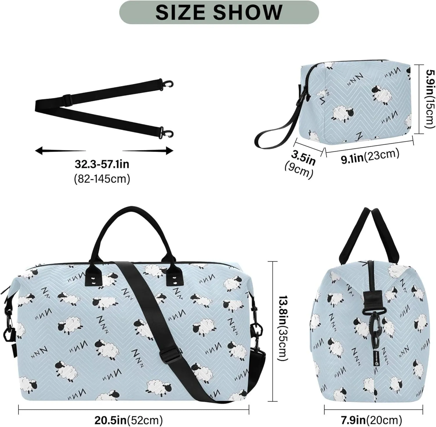 Blue Sleepy Sheep Cute Duffle Bag Women Travel Makeup Pouch Set, Animal Floral Women Luggage Set Overnight Bag
