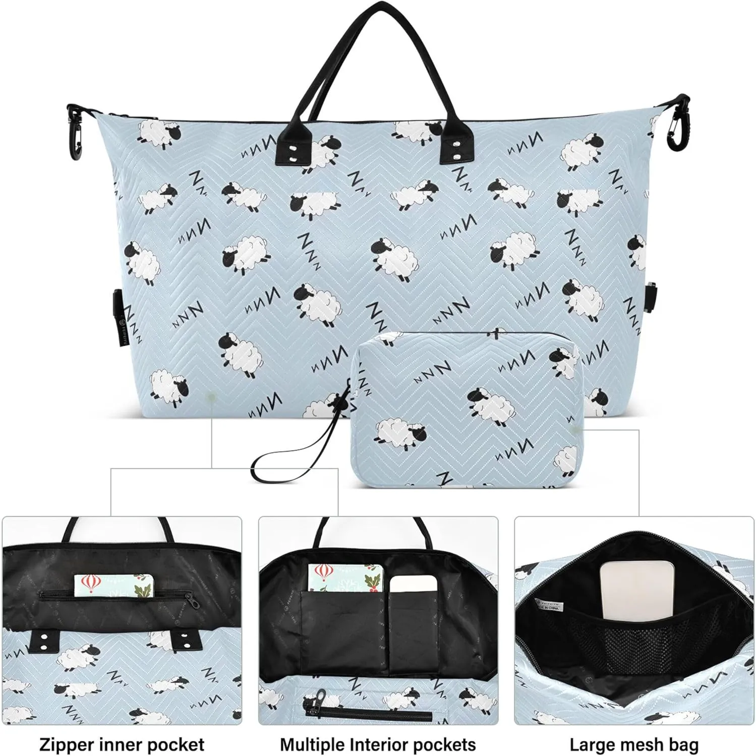 Blue Sleepy Sheep Cute Duffle Bag Women Travel Makeup Pouch Set, Animal Floral Women Luggage Set Overnight Bag